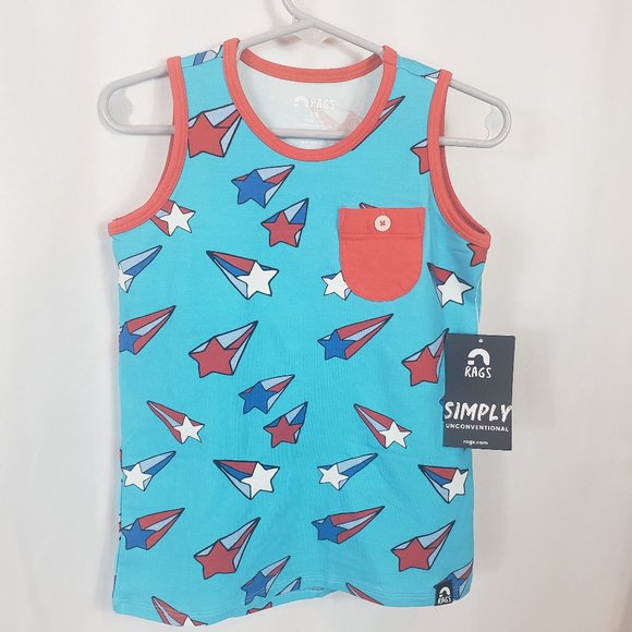 RAGS Blue Shooting Stars Tank Top with Red Pocket and Trim 3/4Y - Picture 1 of 7